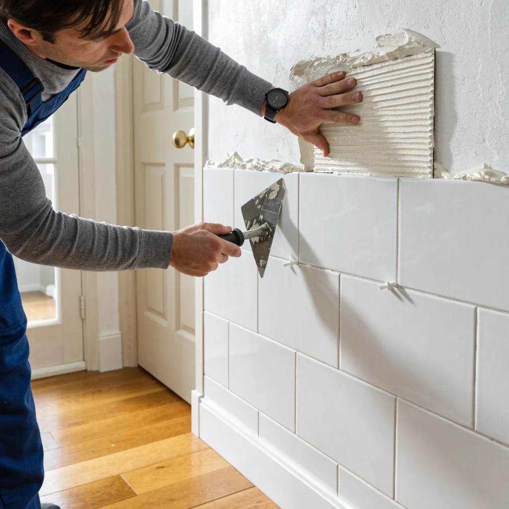 A tiler setting wall tiles with spacers in a Burntwood bathroom